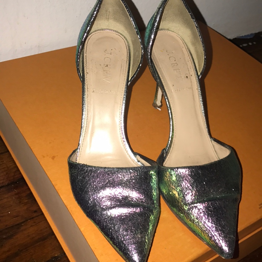 Jcrew iridescent kitten heel shoe.